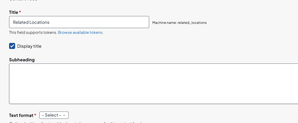 Screenshot showing the Subheader field of a Content Feed block