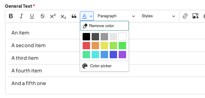 Screenshot of the new color picker text tool in DXE