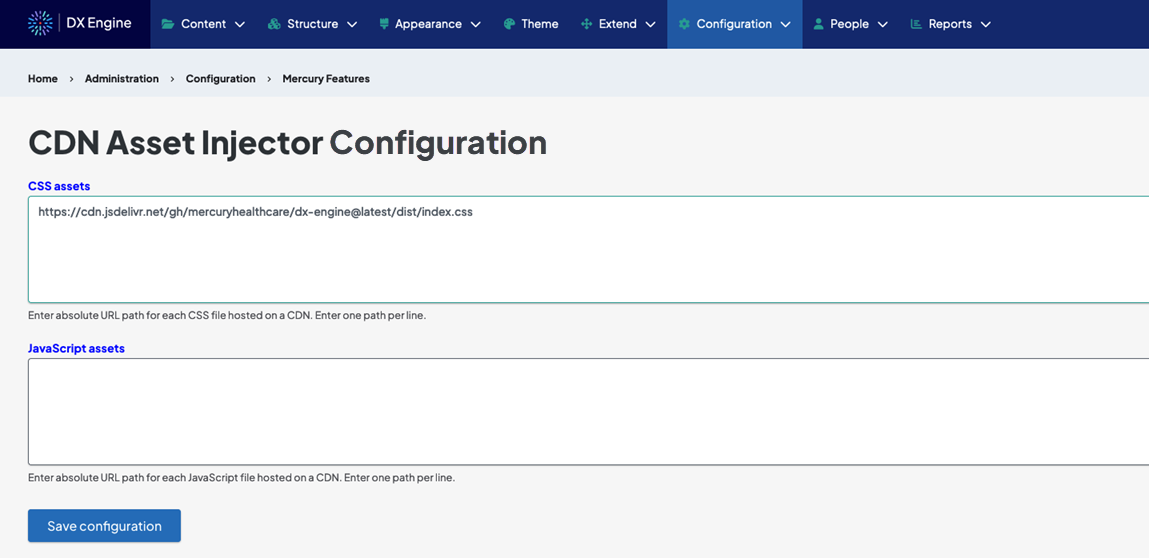 Screenshot of the CDN Asset Injector Configuration screen