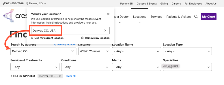 Screenshot of the DXE locations page with the global geolocation module in the header also expanded. The location set in geolocation is highlighted, and the location has been automatically filled in on the Location search page