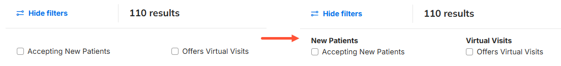 Before and after screenshots of the 'Accepting New Patients' and 'Offers Virtual Visits' checkboxes. In the after screenshot, the checkboxes have labels of 'New Patients' and 'Virtual Visits' respectively.