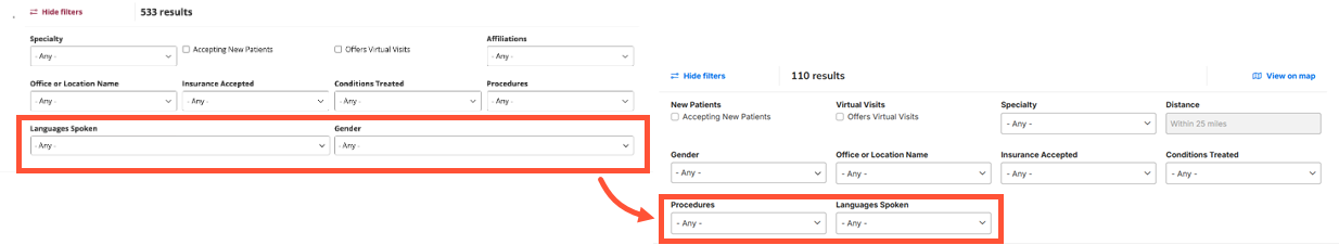 Before and after screenshots of a list of filters, highlighting the difference between the non-uniform width fields and the uniform width fields