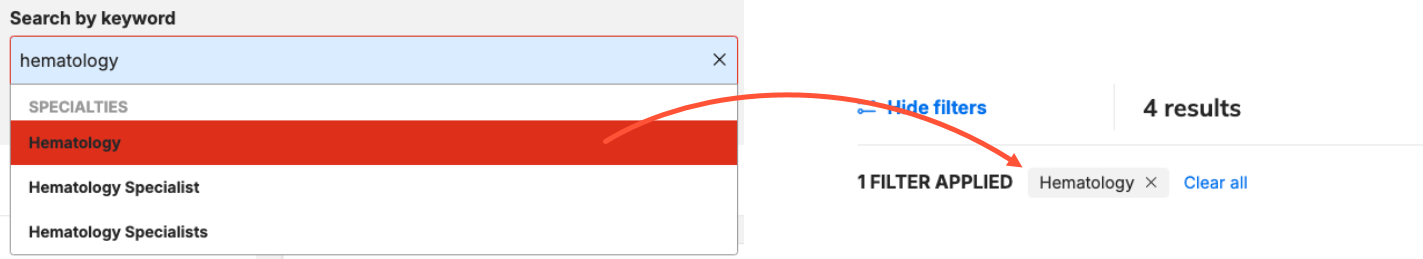 Screenshot of the filter list with a selected autocomplete suggestion, and another screenshot showing how that filter is applied to the search results automatically.