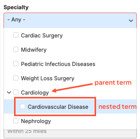 Screenshot of a sample of nested terms in a filter list