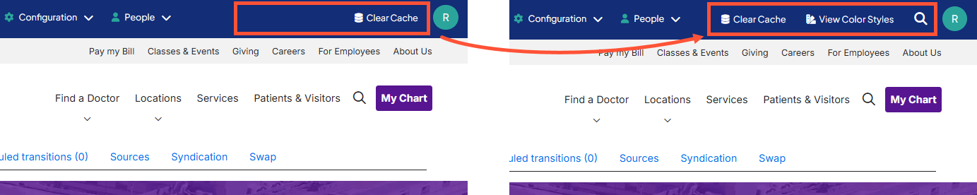 Side by side screenshots: the left screenshot shows the View Color Styles and search icons missing, while the right screenshot shows them visible after the fix.