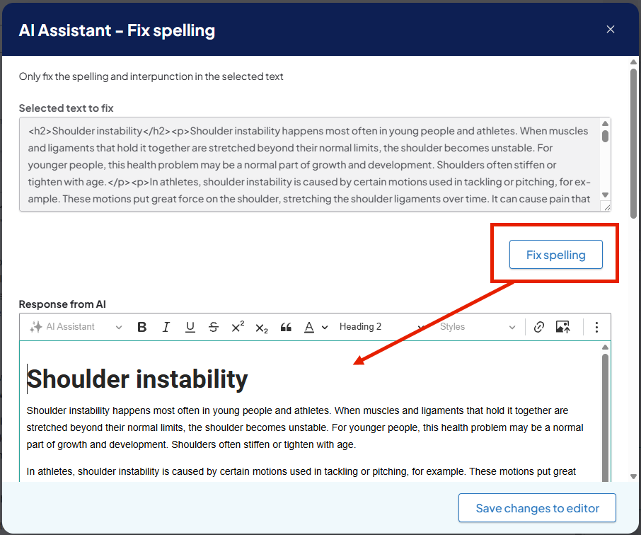 Screenshot of a sample Fix spelling screen. The Fix spelling button is highlighted, and there is an arrow pointing to Response from AI box.