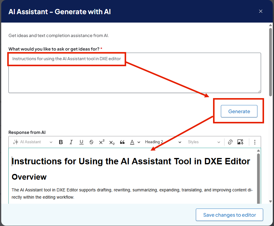 Screenshot of a sample AI Assistant - Generate with AI screen. There are arrows showing the order of operations: from entering a prompt, to clicking Generate, to receiving text from the AI.