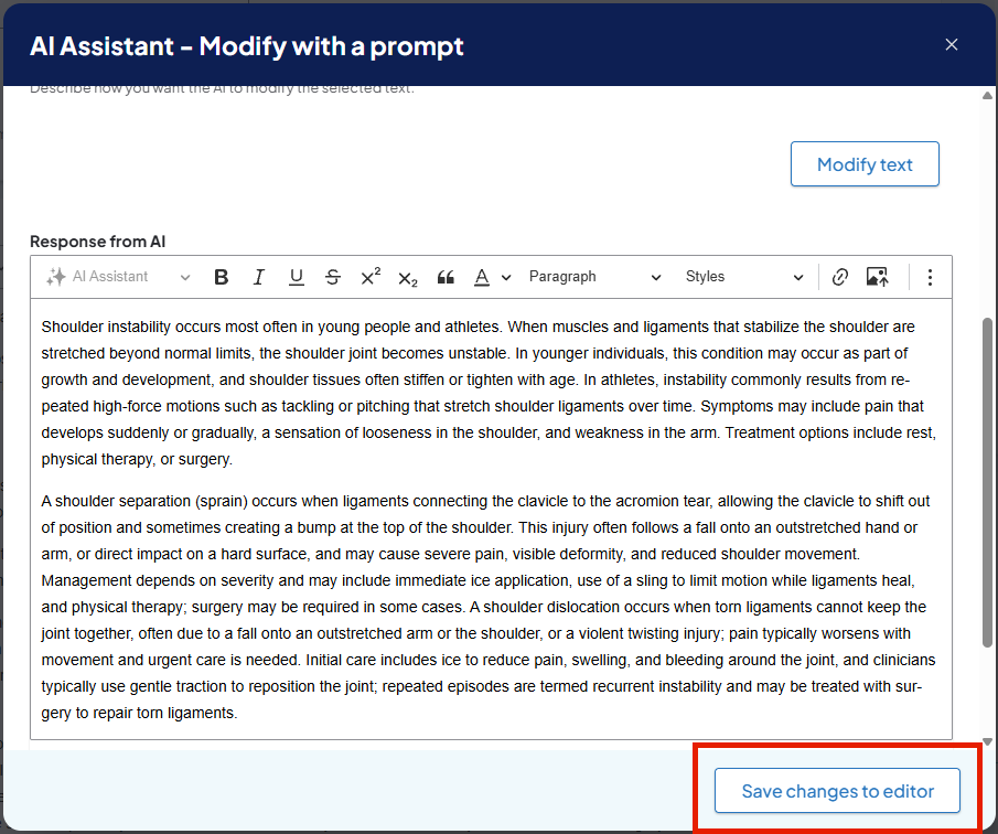 Screenshot of a sample of modified text in the AI Assistant window. The Save changes to editor button is highlighted.