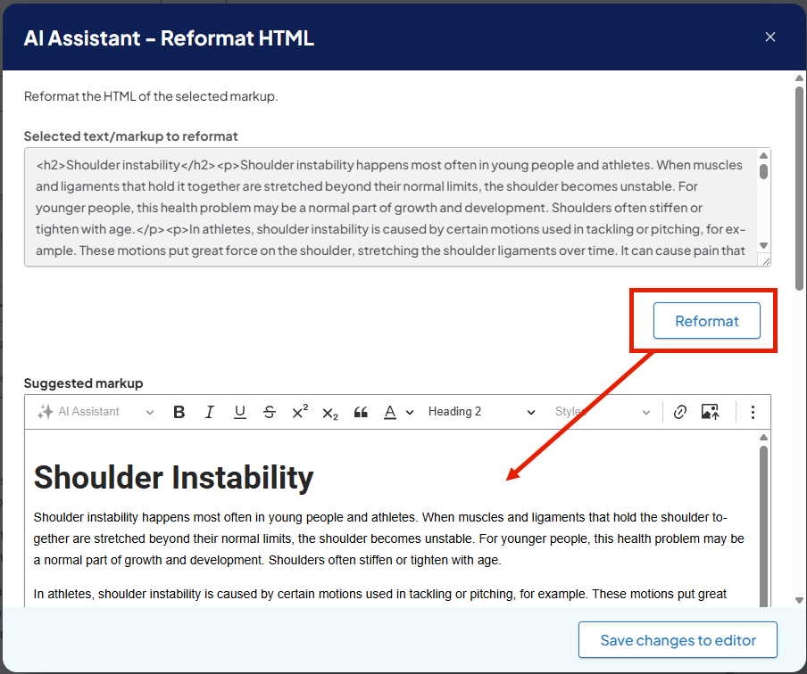Screenshot of a sample Reformat HTML window. There is an arrow pointing from the Reformat button to the generated markup text below.