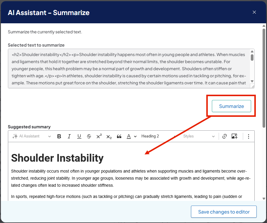 Screenshot of a sample Summarize screen. The Summarize button is highlighted and there is an arrow pointing to the suggested summary text.