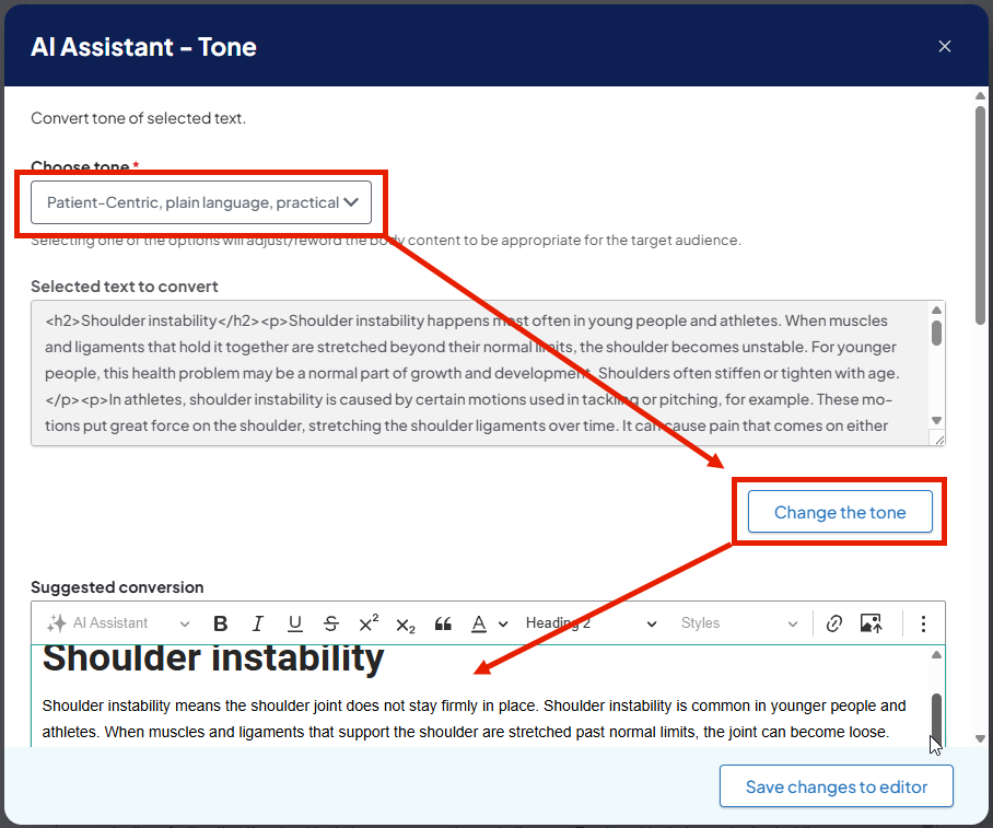 Screenshot of a sample AI Assistant - Tone window. There is an arrow demonstrating the workflow,starting with choosing a tone, then clicking the Change the tone button, then receiving the AI rewrite.
