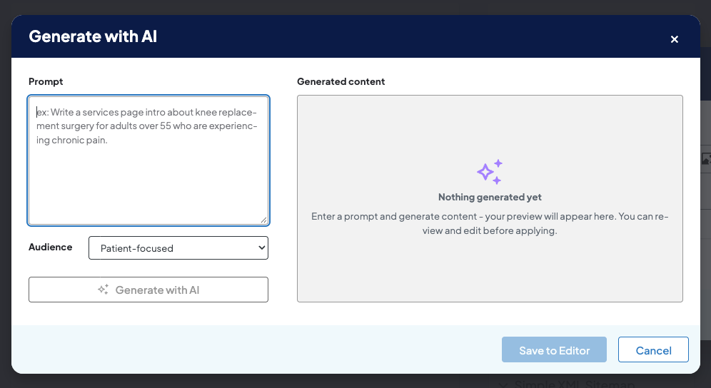 Screenshot of a sample Generate with AI window.