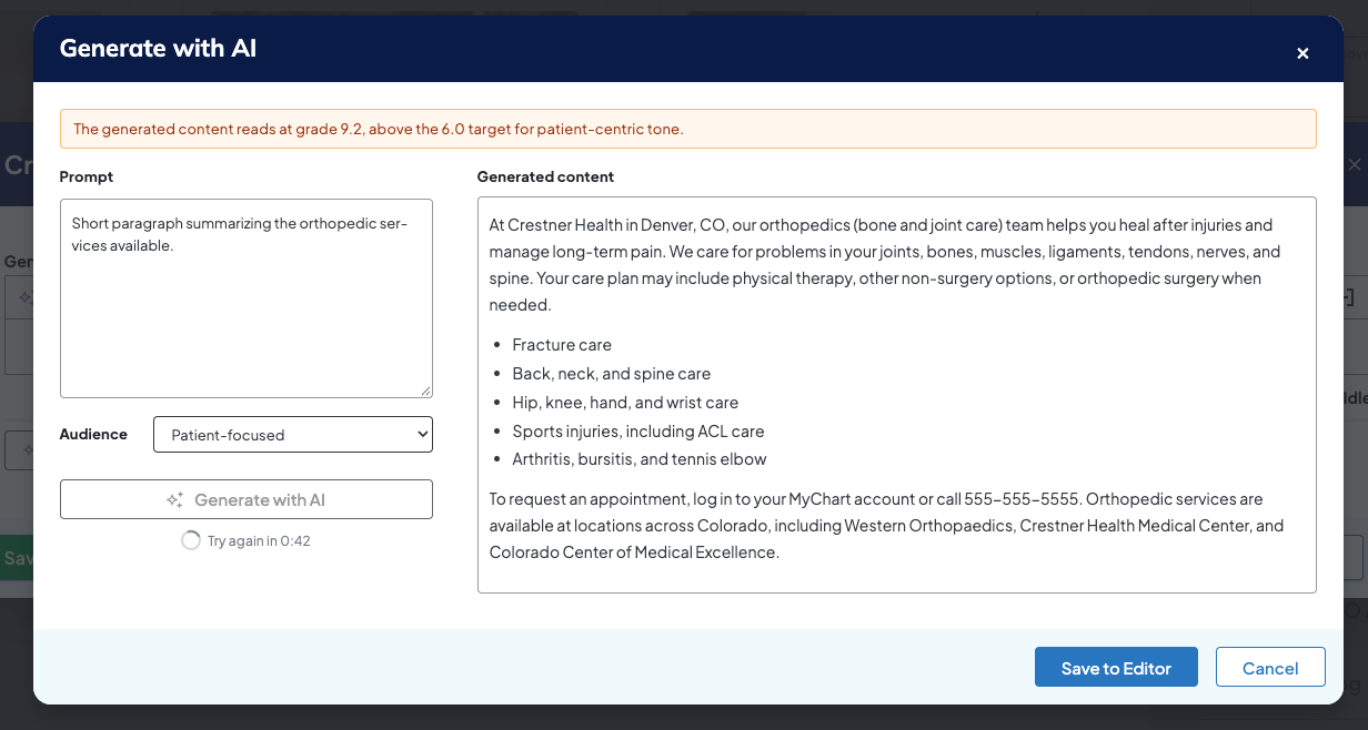 Screenshot of a Generate with AI window with a Prompt and Audience selected. The generated content appears on the right under Generated content.