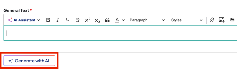 Screenshot of a General Text field. The Generate with AI button is highlighted beneath the field.