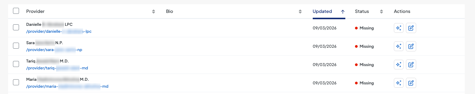 List of providers on the Bio Generator page.