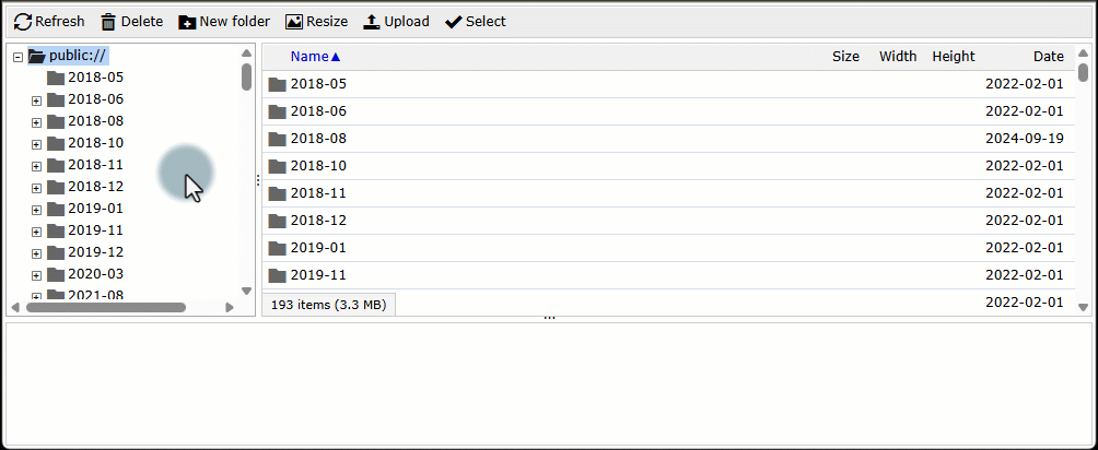 Demonstration of a user creating a new folder labeled 'transparency' in IMCE File browser, then selecting it in the folder tree on the left.