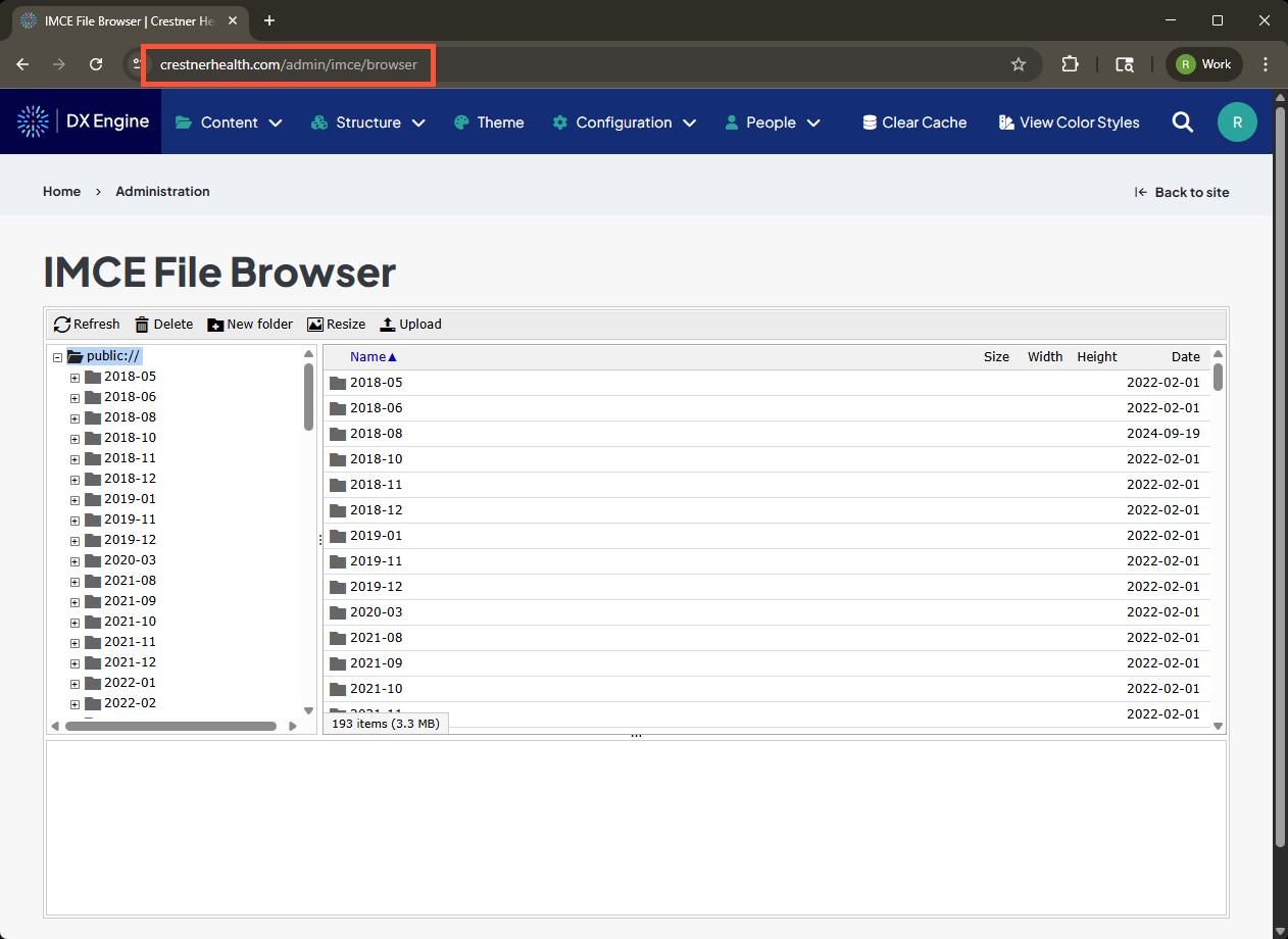 Screenshot of the IMCE File Browser screen. The address bar is highlighted showing the URL of the page.
