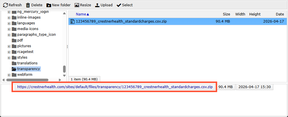 Screenshot of a sample price transparency file selected in the IMCE File Browser after being uploaded. The file is selected and the URL for the file is highlighted.