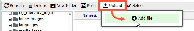 Screenshot of the IMCE File Browser. The Upload button is highlighted and has been clicked by the user. There is an arrow pointing to the Add file option that appears underneath the Upload button.