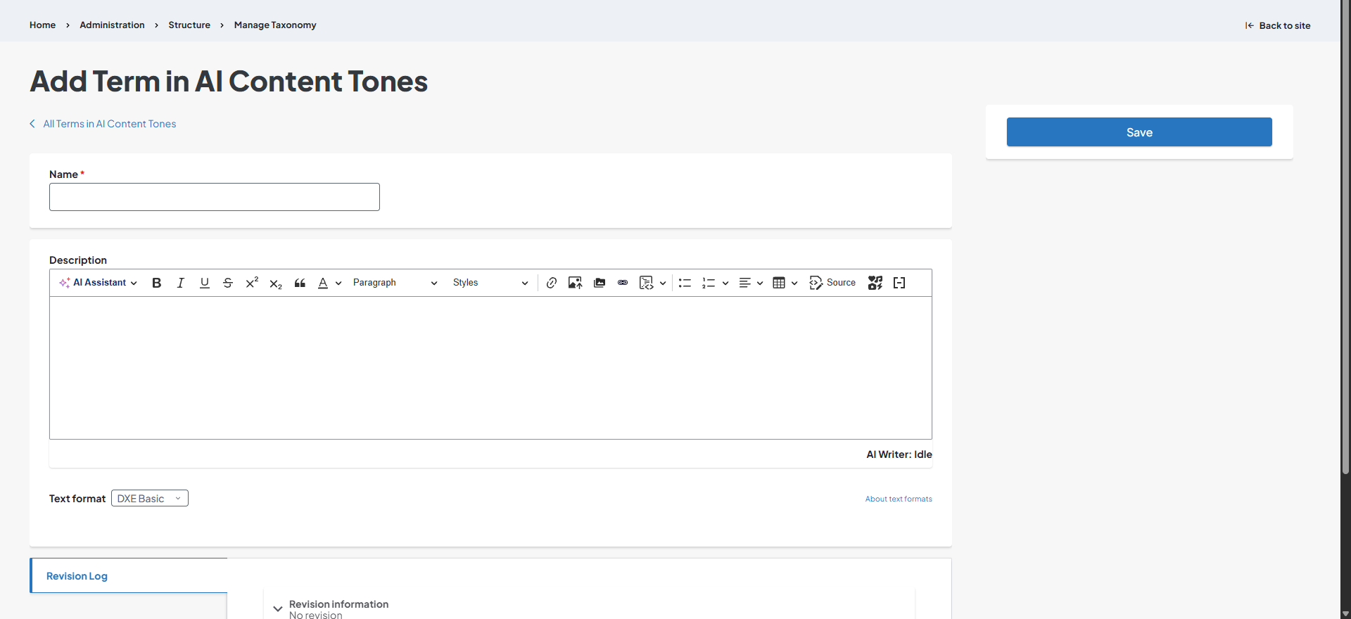 Screenshot of an Add Term in AI Content Tones page.