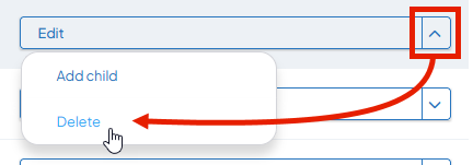 Screenshot showing the expanded dropdown arrow next to the Edit button with an arrow pointing to the Delete option.