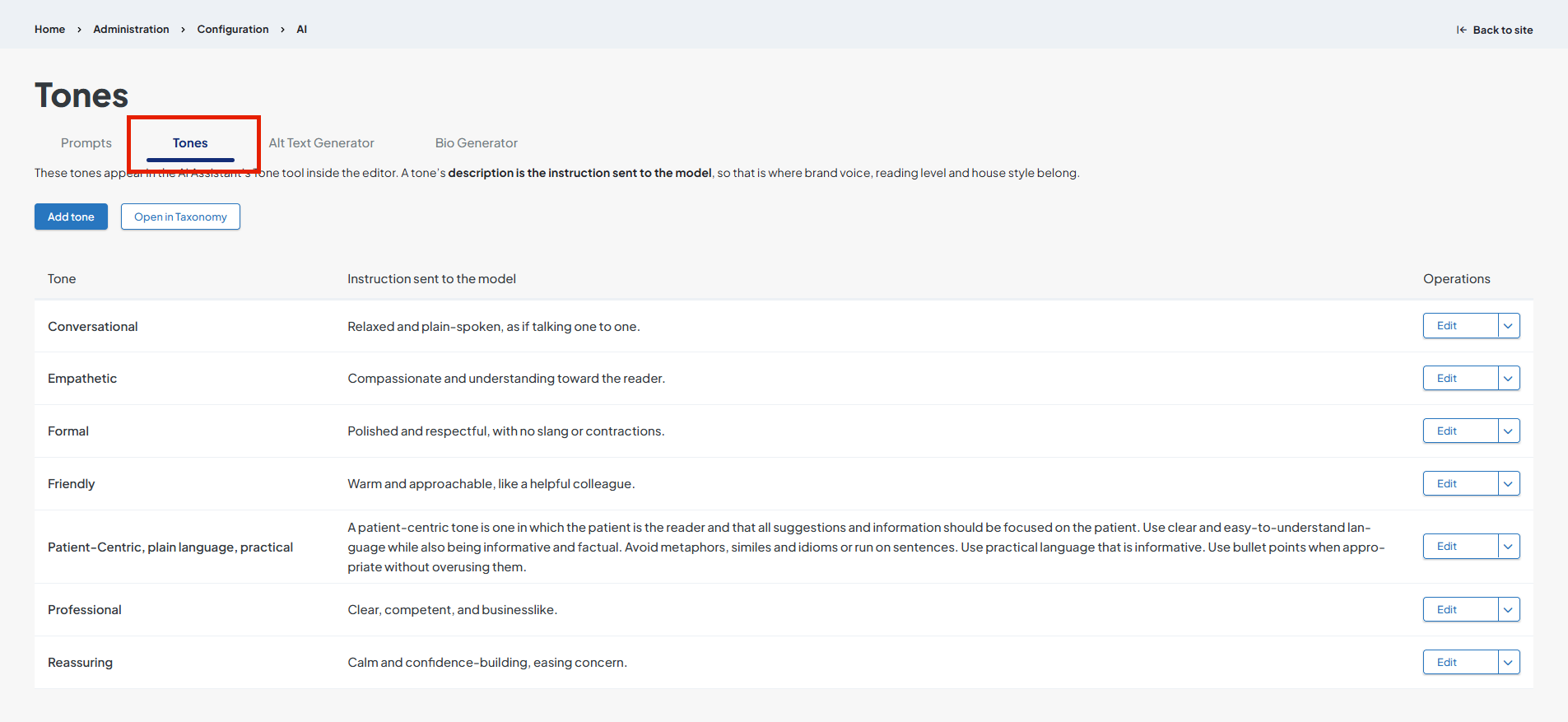 Screenshot of a Tones management page. The Tones tab is highlighted.