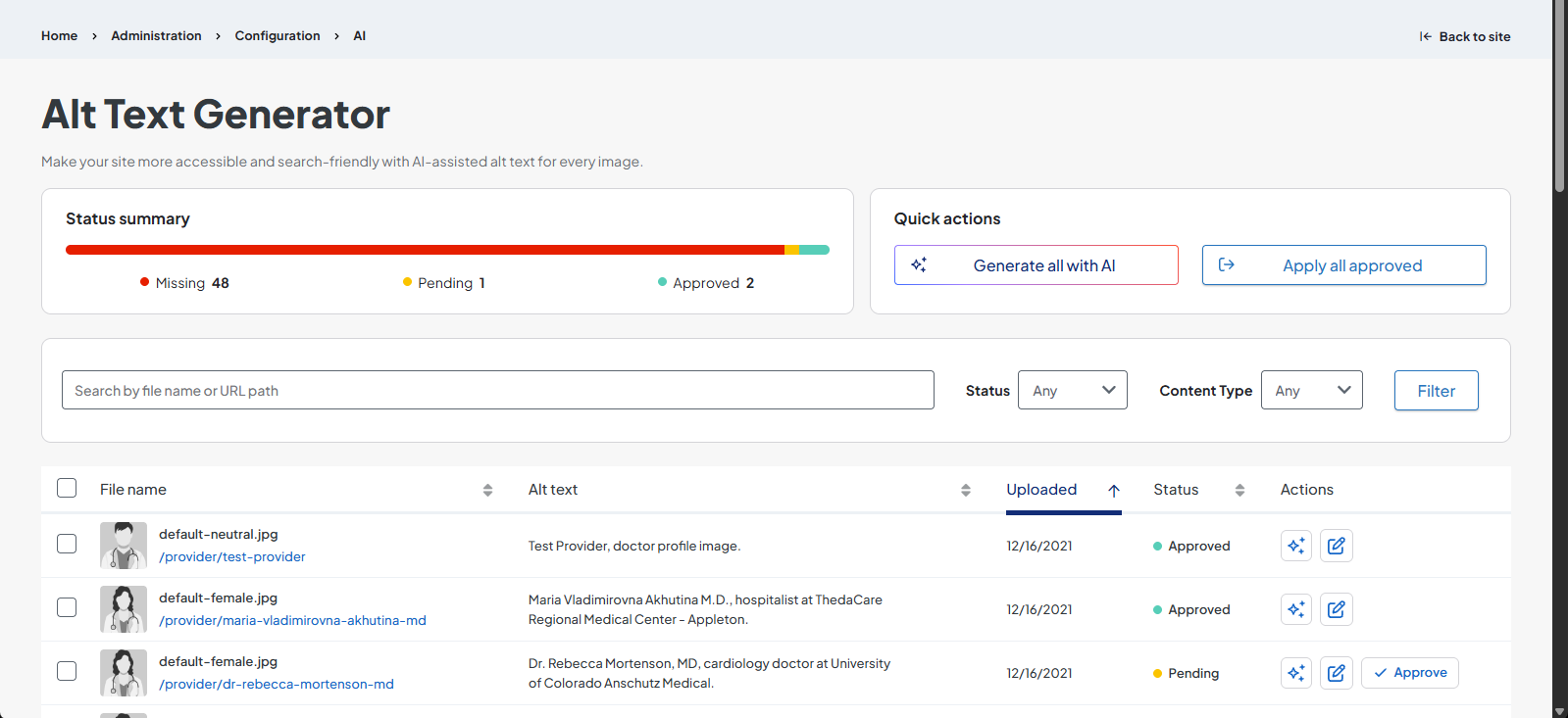 Screenshot of a sample Alt Text Generator dashboard.