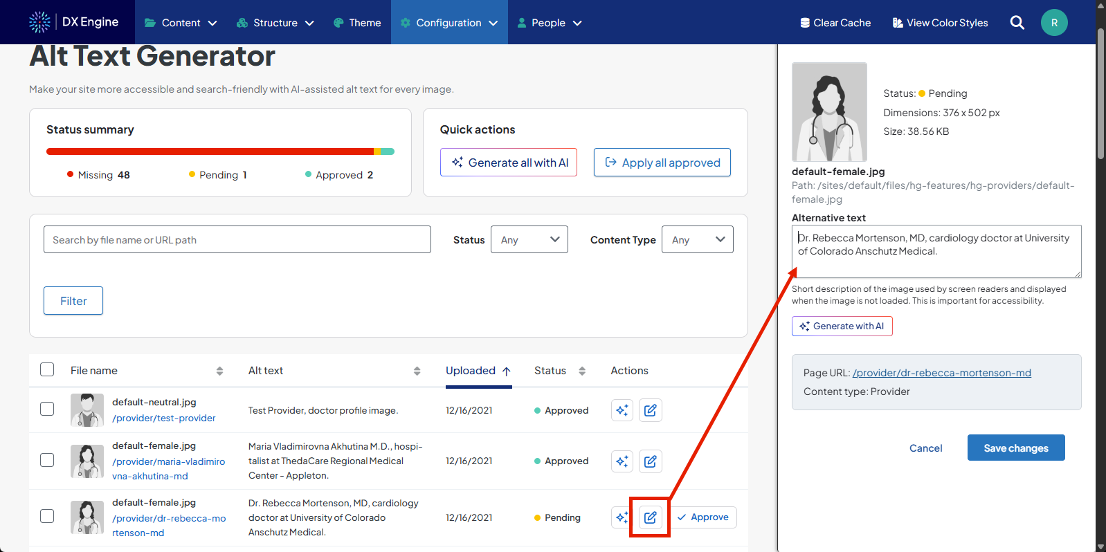 Screenshot highlighting the Edit icon next to an individual item. There's an arrow pointing to the editing drawer, where a DXE Manager can manually type in changes to the generated alt text.