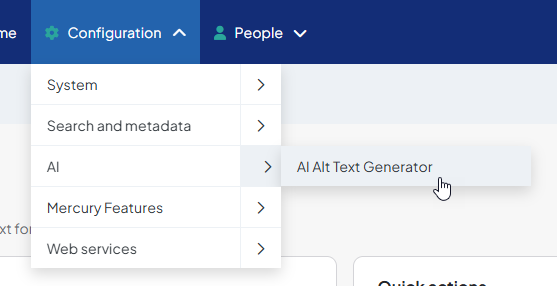 Screenshot showing how to get to Configuration > AI > AI Alt Text Generator in the DXE Toolbar.