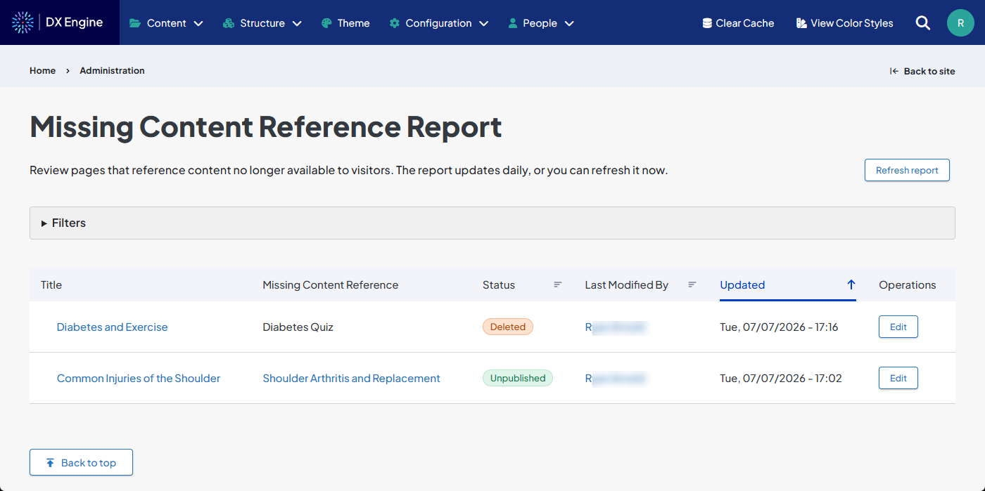 Screenshot of a sample Missing Content Reference Report.