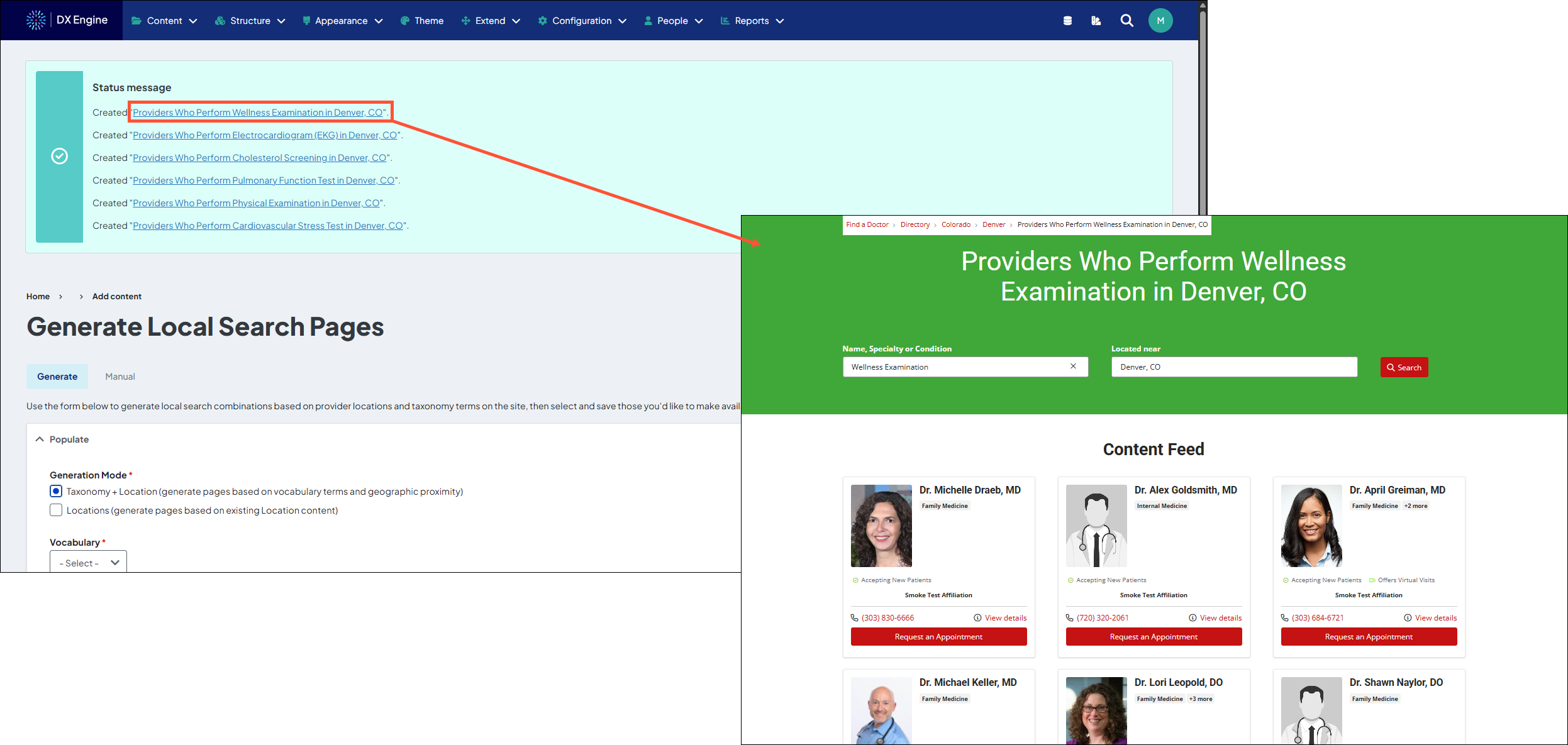Side by side screenshot of a confirmation message of a sample Local Search Page being created. The confirmation message contains a link for each page generated. There's an arrow pointing from one of the links to the other screenshot, which is the Local Search page as displayed to the user.