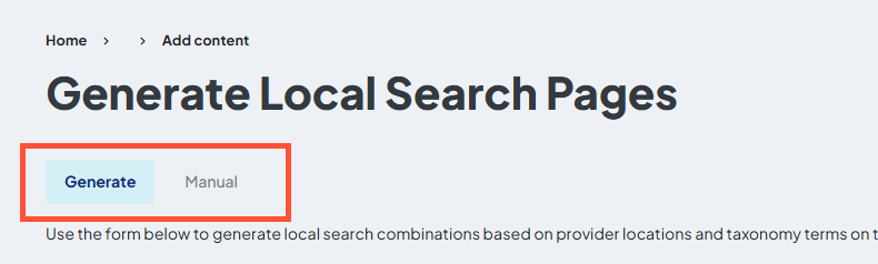 Screenshot of the top of a sample Generate Local Search Page with the two main tabs highlighted: Generate and Manual.