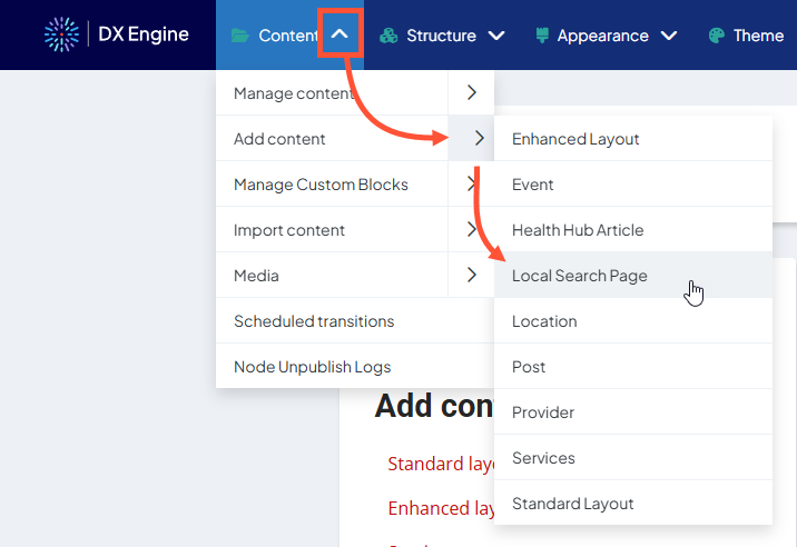Screenshot of the DXE Toolbar with the Content menu opened. The Add content submenu is also opened, and an arrow points to the Local Search Page option.