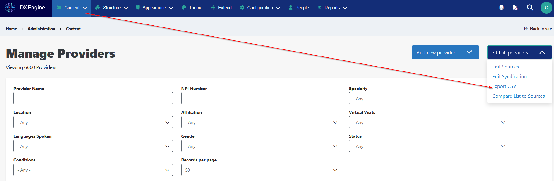 Screenshot of the Manage Providers screen. There is an arrow from the Content option in the DXE Toolbar to the Export CSV option displayed below the 'Edit all providers' dropdown on the right.