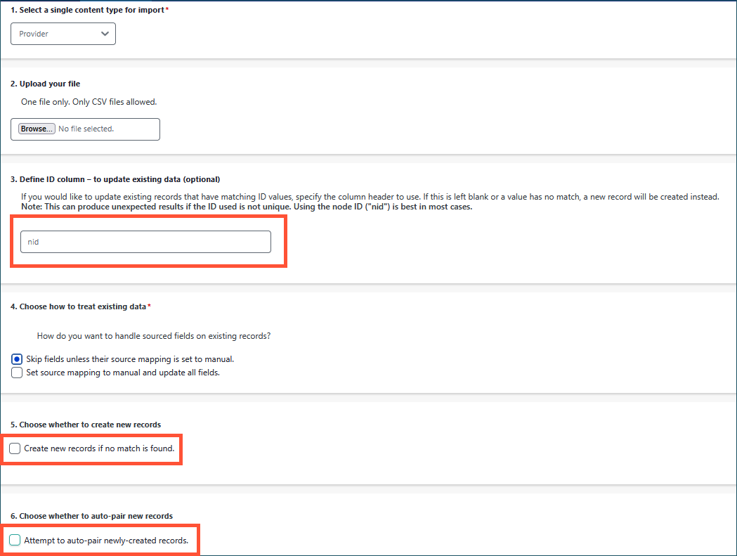 Screenshot of the import options screen. The content type field is set to 'Provider'.The Define ID column is set to 'nid'. The 'Create new records if no match is found' checkbox is unchecked. The 'Attempt to auto-pair newly-created records' checkbox is also unchecked.