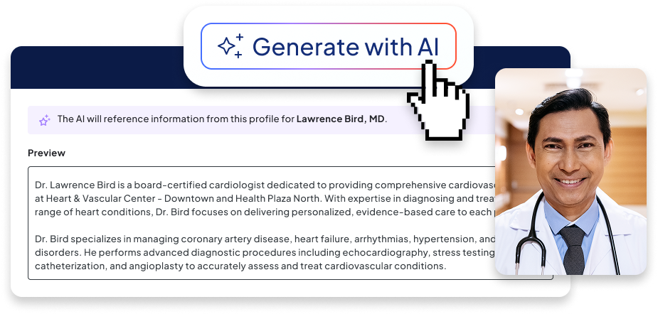Screenshot of a prototype 'Generate bio with AI' screen. The preview shows two paragraphs of AI-generated biographical text about a practicioner.