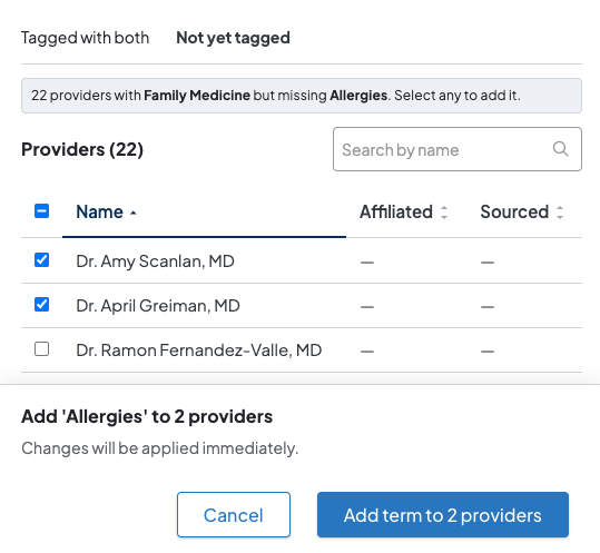 Screenshot of a sample Taxonomy Usage Report showing a list of providers that are not tagged with the Allergies term. The providers can be selected by checkboxes. At the bottom, an Add term to 2 providers button appears, which will tag the selected providers with the term Allergies.