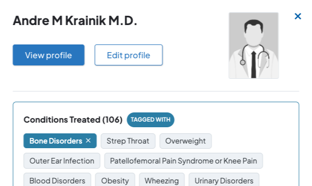 Screenshot of a sample Taxonomy Usage Report viewing a provider profile and all Conditions Treated terms that the provider is tagged with. An Edit profile is visible, and the selected condition (Bone Disorders) shows an X icon that can be clicked to remove it from the provider.