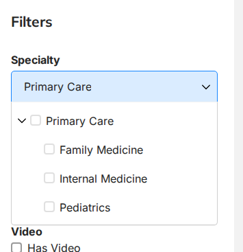 Screenshot of a search term (Primary Care) entered on the Specialty filters selection box. Three child terms also appear along with Primary Care.