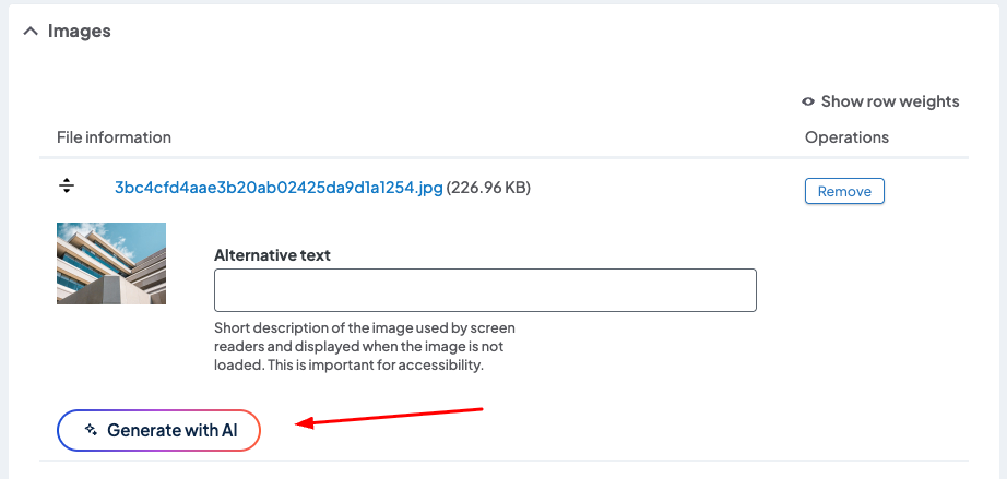 Screenshot of a sample image loaded to a location page in Edit mode. The Generate with AI button is highlighted.
