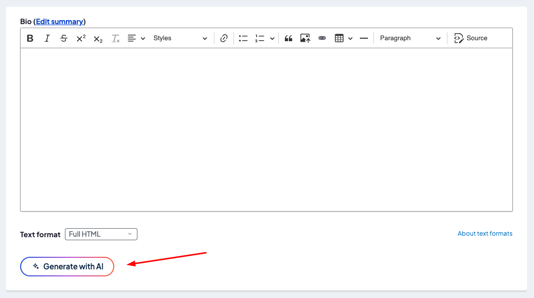 Screenshot of the Bio field on a provider in Edit mode. The Generate with AI button is highlighted.