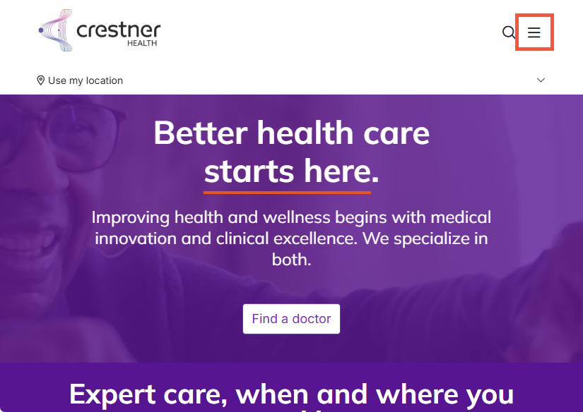 Screenshot of a sample DXE site with a compacted view. The hamburger menu icon is highlighted in the top right.