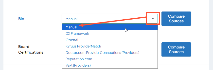 Screenshot of the Bio field in a sample provider's Sources tab. The dropdown is expanded and the Manual value is highlighted.