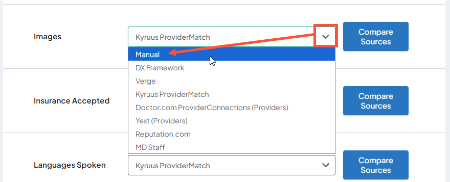 Screenshot of the Images field in a sample provider's Sources tab. The dropdown is expanded and the Manual value is highlighted.