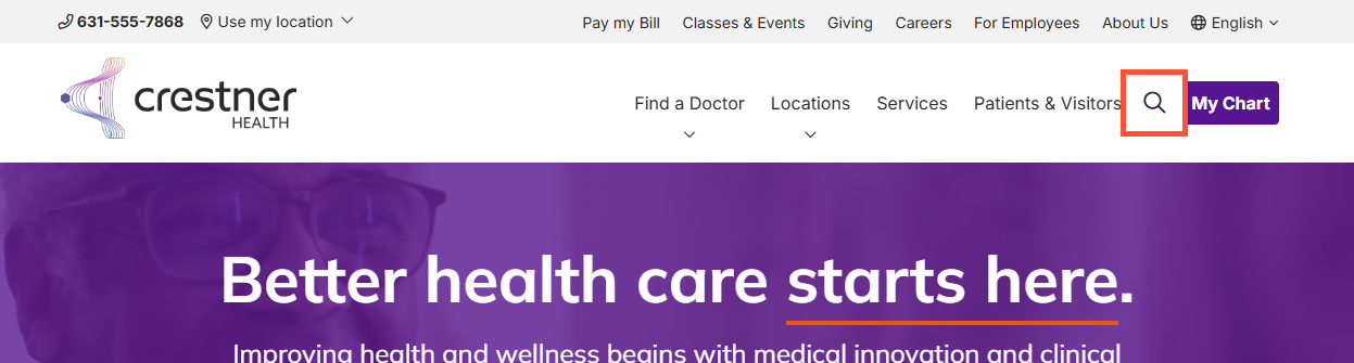 Screenshot of a sample DXE site homepage with the search magnifying glass icon highlighted.