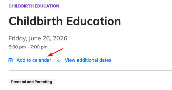 Screenshot of a sample event with the Add to calendar link highlighted.