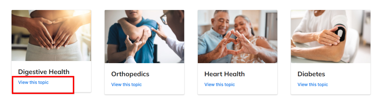 Screenshot of a series of sample cards showing different topics. Each card has a "View this topic" link.