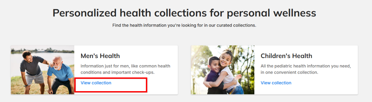 Sample screenshot of a DXE page showing two cards with links. Both links say "View collection". One of the links is highlighted.