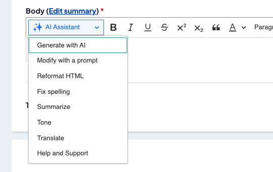 Screenshot of the AI Assistant option in the Body field of an article. The AI options are expanded and displayed.