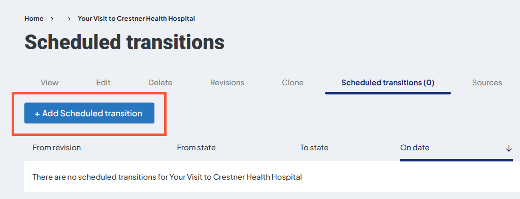 Screenshot of a sample Scheduled transitions page with the '+ Add Scheduled transition' button highlighted.